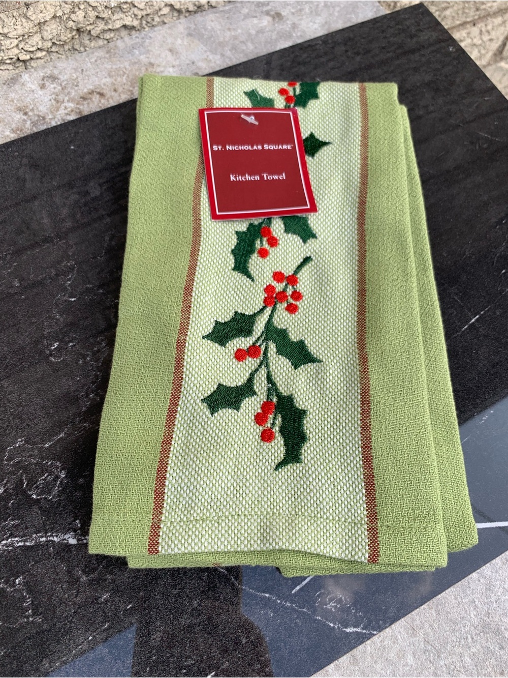 St. Nicholas Square Light Green Holly Kitchen Towel with Red Berries